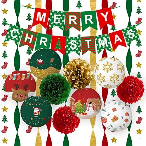 Јиотјунл Божиќни Украси Партиски Хартиени Фенери Комплет, Црвени И Зелени Помпони Божиќни Украси, Среќен Божиќен Транспарент За Божиќна Забава Декор…