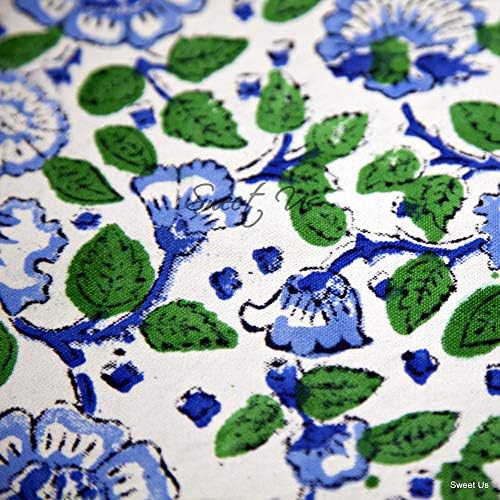 Слатка американска блок печати платамат бело сино зелена цветна цветна памучна кујна, постелнина за трпезариска маса 19х13 инчи
