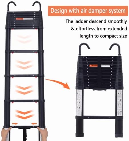 12.75ft Телескопска скала црна, алохаплива едно копче за повлекување алуминиумска телескопска екстензија за лесни скалила за лесна скала за проширување