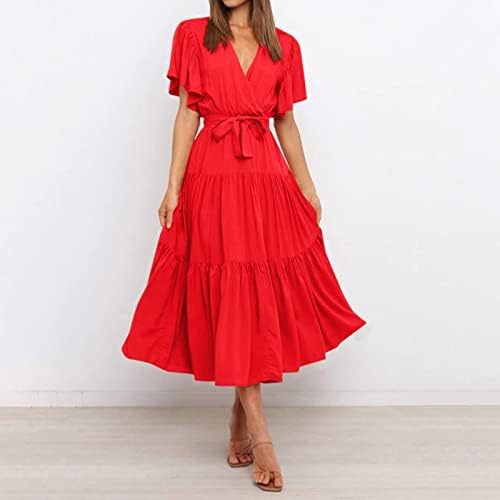 Nokmopo пролетни фустани за жени 2023 формално, женско летно секојдневно печатено печатено половината со краток ракав долг фустан бохо