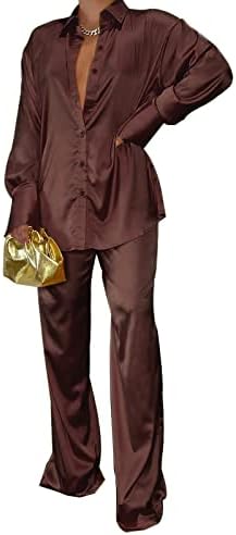 Gtmrinjn женски свилен сатен 2 парчиња облека со долги ракави лаппел копче надолу по врвовите широки нозе палацо дневна облека