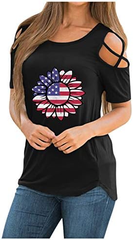 Женски 4-ти јули врвови на американско знаме патриотска маица круг на вратот за кратки ракави модни дами блузи