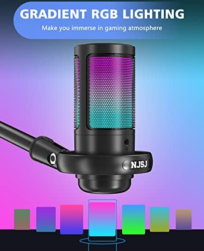 NJSJ USB Микрофон ЗА КОМПЈУТЕР, Игри Микрофон ЗА PS4/ PS5/ Mac/Телефон, Кондензатор Микрофон Со Допир Неми, Брилијантен RGB Осветлување, Добивка