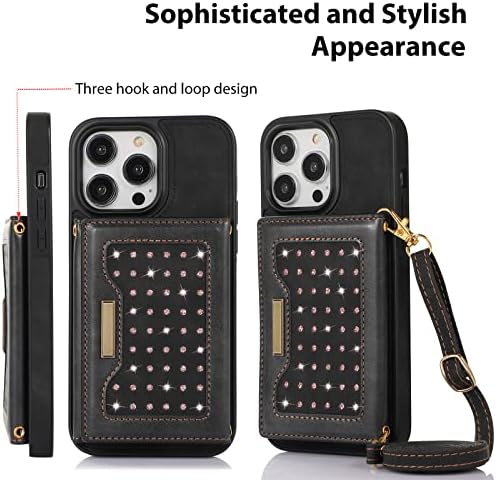 RUNGOS iPhone 14 Про Паричник Случај Crossbody, Луксузни Блинг Кожа Флип Чанта Покритие СО Рфид Блокирање Картички Носителот, Пари