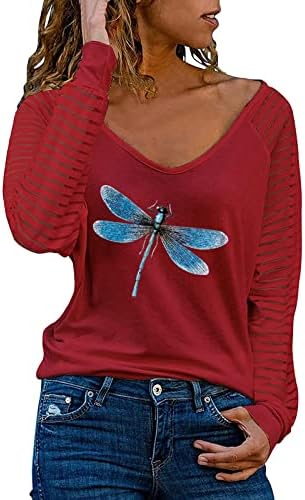 Најдобра дама кошула жени обични маички за печатење на животински жени, жени, сплит ракав есен кошула V вратот графички маички врвови блуза