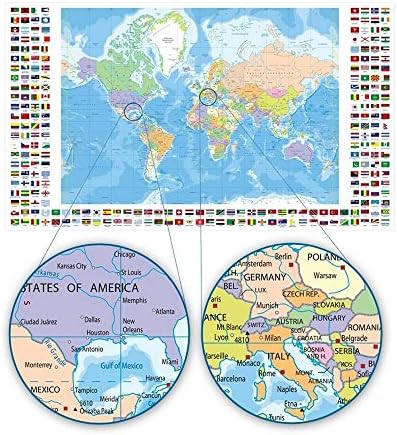 АЛОНЛИНСКИ АРТ - Политички модерни знамиња 1 од Светска мапа | Бела врамена слика отпечатена на памучно платно, прикачена на таблата