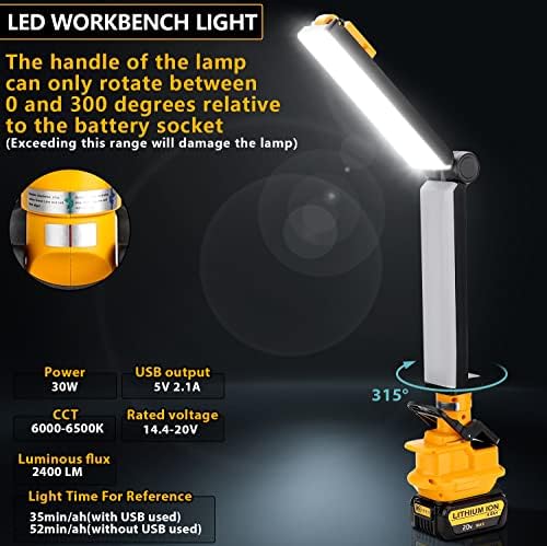 Gerttilyon 30W LED работно светло за DeWalt 20V Max Lithium Battery безжичен 270 степени ротирачки работно светло со интегрирани куки