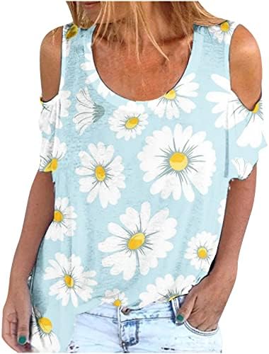 Модни ладно рамо врвови за жени летни цветни печатени маици Топ лабава лабава кратка ракав Туника Туника за лажичка-врат блуза
