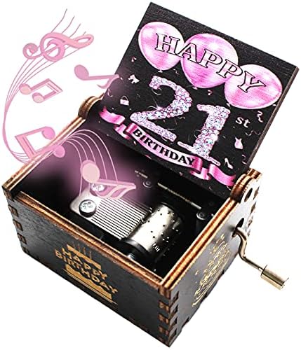 Укебобо дрвена музика кутија- Среќен роденденски музички кутија, подароци за 21-ви роденден, 21 година украси за роденденска забава- 1 сет