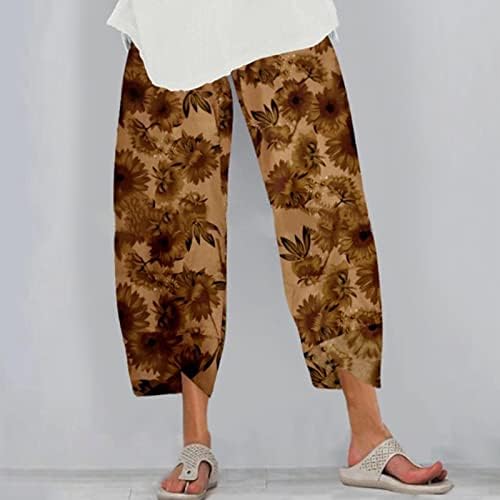 Panенски капри панталони, памучна постелнина лесна светлина со широки нозе графички јога каприс палацо удобни панталони со џебови
