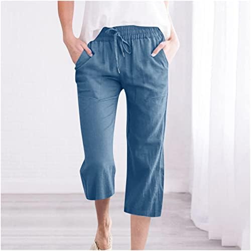 Смидоу Капри панталони за жени случајни 2023 лето лето -влечење еластично ленено половината, оставата, оставата, права широка нога