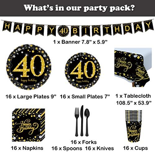 40 -ти црно -злато роденденски материјал сет - 16 гости - комплет за садови за еднократна употреба вклучуваат 40 години златни хартиени плочи, чаши од 12 мл, банер, салфет?