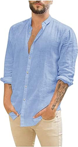 Машко памучно постелнина копче надолу кошула Обични летни долги ракави кошули на плажа се протегаат брчки со цврста боја кошула