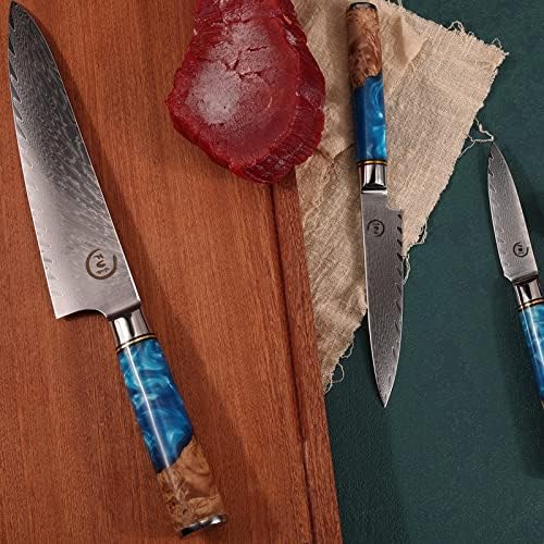 Фукеп Готвач Нож Во Собата, Кујна Нож Во собата на 3, Дамаск VG10 Челик, Сина Рачка Серија