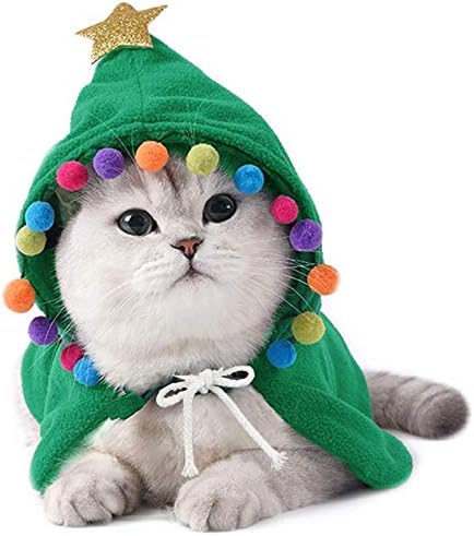 Aniac Pet Christmas Costume Puppy Xmas Cloak со Star and Pompoms Cat Santa Cape With Santa Hat Party Cosplay фустан за мачки и мало и средно