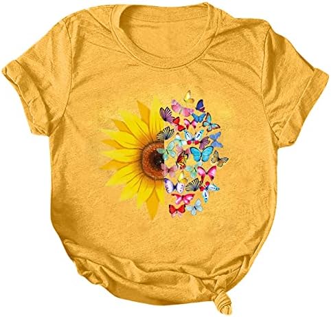 Женски летни врвови памучни мешавини со кратки ракави маички разнобојни сончогледни путер печатени печатени лабави маици