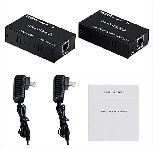 196FT/60M HDMI Extender, Avedio Links HDMI Extender над CAT 5E/6/7, дигитален HDMI Ethernet Extender Adapter Поддршка целосна HD 1080P 3D, EDID копија, длабока боја, компатибилен со Fire Stick, Roku, Blue-Ray-Ray