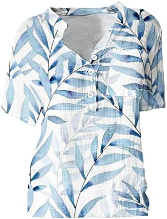 Womenените памучни постелнини врвови лето копче за кратки ракави надолу кошули летни цветни печатени маички лабави обични блузи со џебови