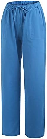 Жени јога панталони памучни постелнини широки панталони за нозе лето чиста боја за цртање јога фитнес панталони елегантни лабави дневни панталони сина