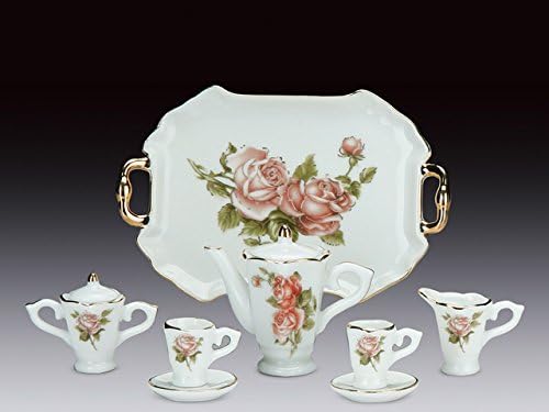 Минијатурен колекционерски розов порцелан чај сет: чајник, шеќер сад, кремаер, 2 подучувања, послужавник за сервирање