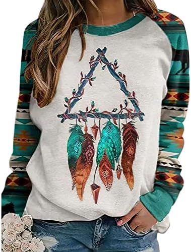 Lafolie Women's Western Western Aztec Print Crewneck Sweatshirts Западен етнички стил со долг ракав маички Обични врвови
