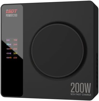 ISDT POWER 200H 200W USB C за полнење на десктоп - 4+1 порта компатибилни со MacBook Pro/Air, iPad, iPhone, Galaxy, Pixel