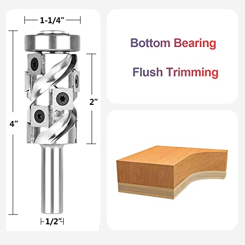 Spetool carbide insert Flush Trim Router Bit со дно лежиште 1/2 shank 2 должина на сечење на тешки шаблони за рутер за рутер за обработка