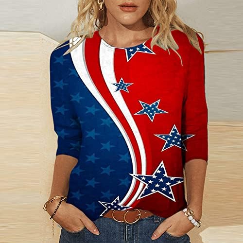 Tuianres Womens America Flag Blag Mirts 2023 Трендовски starsвезди ленти патриотска маичка со маички 3/4 ракав Денот на независноста маица врвови