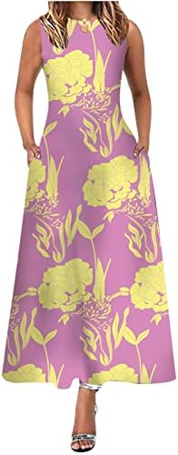 Qiguandz Women Wintage Floral Keyhole Keyhole Tack Tack A-line фустан лето без ракави модни проточни туники макси фустани со џебови