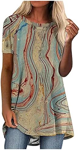 Lcepcy omeенски модна маица шарена графичка печати Туника на врвови за хеланки со блуза со кратки ракави на вратот, лабава кошули