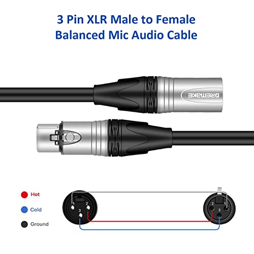 Dremake 5 пакет XLR до XLR MIC Audio Cable, 10 метри машки XLR до женски XLR избалансиран кабел за змија, џек XLR 3-пински кабел за микрофон за микрофон за миксери, сцена и живо звук, звучн