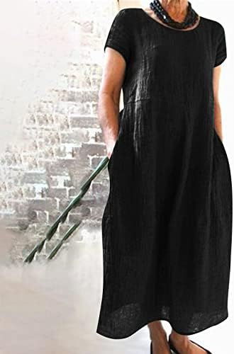 Фустани за жени 2023 година, женска летна обична цврста боја со кратка боја со кратки ракави О-вратот за зашивање лабава џебна памучна постелнина фустан