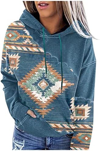 Ifotime Aztec Holdies for Women Pullover Обичен геометриски графички качулка за западно џемпер со долги ракави врвови со џеб