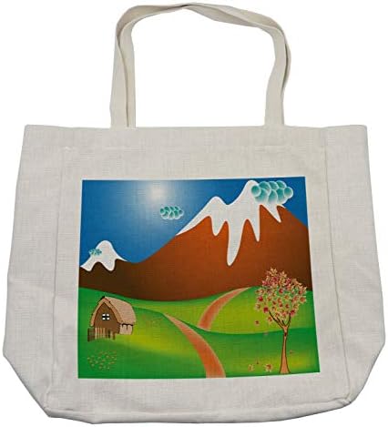 Торба за купување на пејзажи во Амбесон, дигитално генерирана цртана земја на отворено сцена со куќички планини, еколошка торба за еднократно