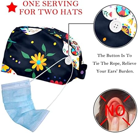 Работно капаче со копче за жени Медицински хируршки капаци за чистење капачиња 2 пакувања прилагодливи еластични вратоврска за череп Цвет за