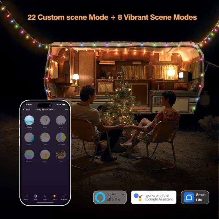 Hiismarter Patio Outdoor Lights, 48ft Smart Outdoor Light LED LED, WiFi Control Control Dymmable 15 LED светилки со Alexa, LED, IP65 водоотпорен за балкон, задниот двор, забава, свадба, Божиќ, кампување