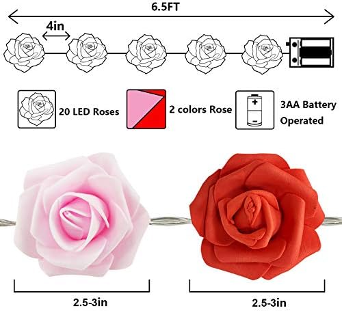 Турнмеон 7ft 20 LED в Valentубезни светла на в Valentубените, Денот на в Valentубените Денот на в Valentубените, црвена розова розова самовила батерија оперирана вештачка роза цвеќ
