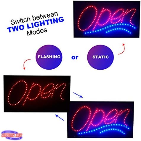 Ultima LED NEON OPEN OPEN знак за бизнис: umамбо осветлен знак отворен со режим на трепкање - Голем знак за електрична светлина