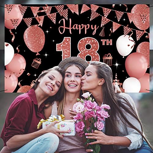 18 -ти роденденски украси Банер, среќен 18 -ти роденденски украси за девојчиња, црно розово злато 18 роденденска забава Фото фотографија, 18 годишен постер за роденден з