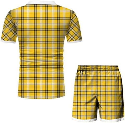 2 парчиња облеки за мажи, поставени патент лапел, карирани, печатени поло -маици и шорцеви, обичен голф тренинг пот.