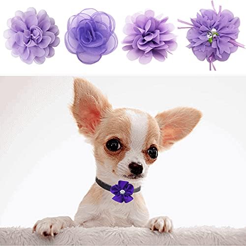 PET SHOW 12pcs Purple Dog Collar Bows and Flowers Attachment for Girls Puppies Cats Female Small Medium Dogs Collars Embellishment Decor for Wedding Birthday Parties Grooming Pet Collar Accessories
