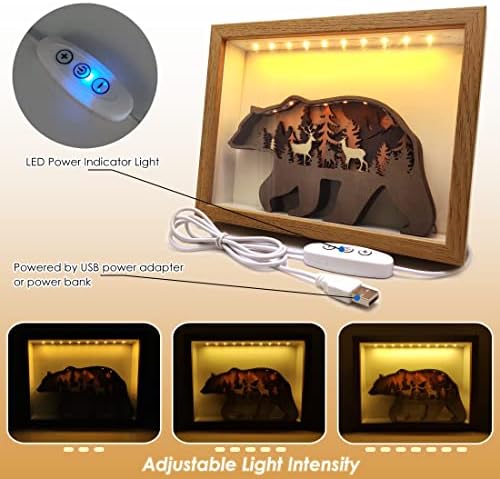 Дрвена кутија за 3D сенка на родител со предводена ноќна светлина - мечка со шумска сцена скулптура 8 инчи рамка ламба со контролер за линија