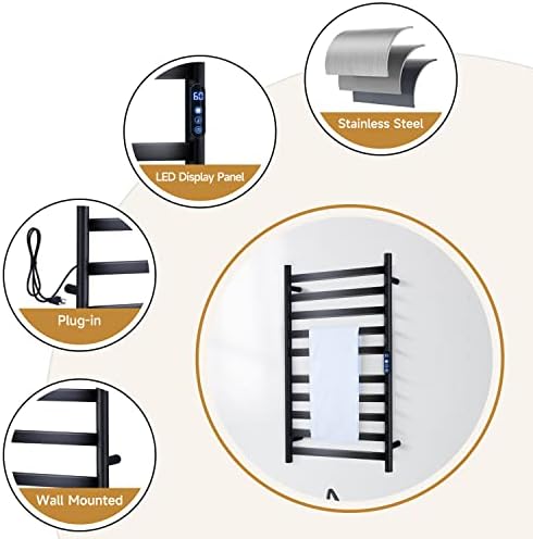УНИКАТЕН ПЛУС ЖИВОТ Загреан Багажник За Пешкири, 10 Рамни Решетки За Греење На Крпи За Бања, Електричен Грејач За Крпи Монтиран На Ѕид Со Тајмер И Контрола На Темпера