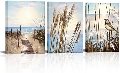 Loveубов куќа крајбрежна слика плажа wallидна уметност 3 панел Апстрактна морска птици плажа зајдисонце тема уметнички дела печати морски