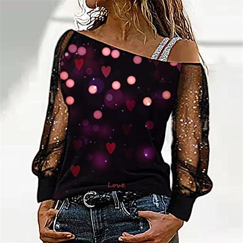 Iius Sequin Print Mesh Долга ракав маичка за жени секси надвор од рамото пулвер облечен асиметричен роса на рамената на рамената