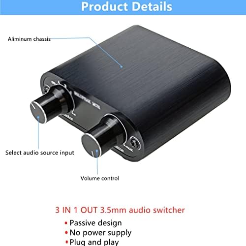 Аудио прекинувач SLNFXC 3,5 mm со контролер на јачината на линијата, 3 во 1 out 1/8 AUX Switcher Splitter Box, inline Actenu, волумен