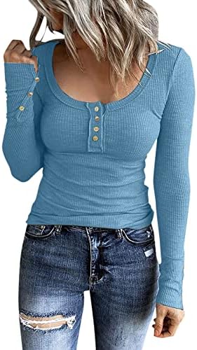 Womenенски дами со долги ракави Западни кошули 1/4 копче надолу по квадратниот врат Ретро врвови тенок тесен ребрести плетени блузи