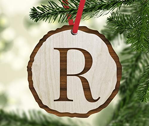 Андаз Прес врежано вистинско природно дрво монограм монограм Азбука Божиќен украс подарок, Монограм почетна буква Р, плоча од дрво, 1-пакет,