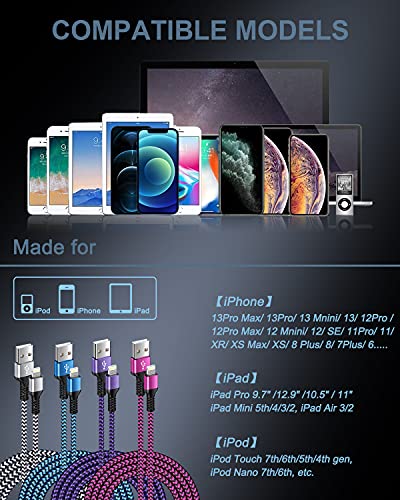 Кабел за полнач на iPhone, [10ft/4-пакет] најлонски плетенка долга молња до USB кабел за полнење, [MFI овластен] Apple Fast Chancing