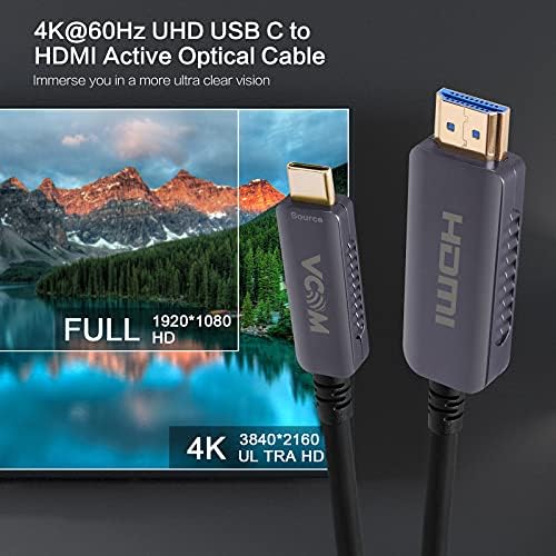 VCOM USB-C ДО HDMI Оптички Кабел, Поддршка 18Gbps, 4K@60Hz, HDCP 2.2, HDR, Thunderbolt 3/4, Тип C 3.1 ДО HDMI 2.0 Кабел Компатибилен